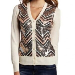 Trina Turk Women's Beige Merino Wool Button Down Sequin Front Sweater. Size M